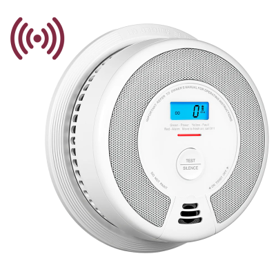 Detector de monóxido de carbono branco com visor digital azul e botão de teste