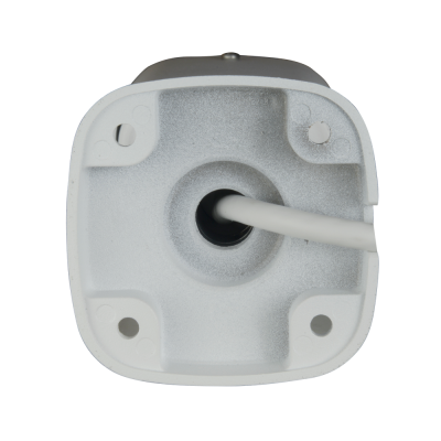 Parte traseira de câmara de segurança branca com cabo e base quadrada