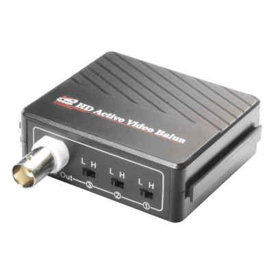 Dispositivo HD Active Video Balun preto com conector metálico e três chaves L H na frente
