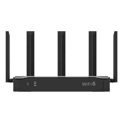 Roteador WiFi 6 preto com cinco antenas verticais