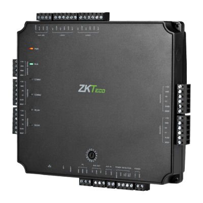 Dispositivo electrónico preto com logótipo ZKTeco e vários indicadores LED