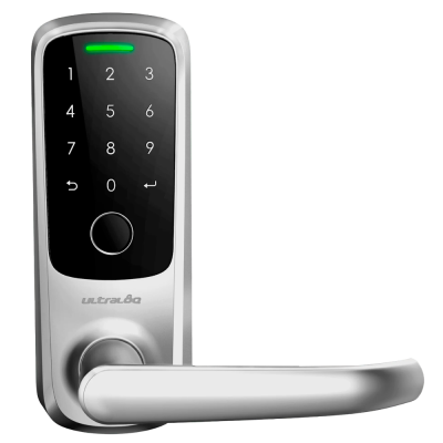 Fechadura eletrónica prateada com painel tátil e teclado numérico