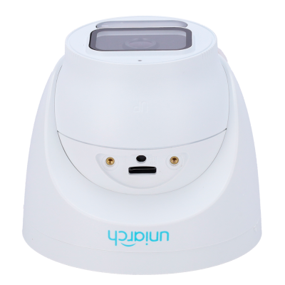 Câmara de vigilância branca Uniairtech com lente quadrada e entradas na parte traseira