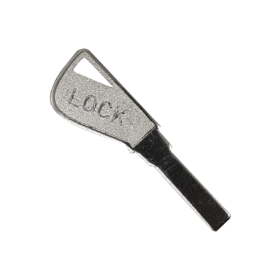 Chave metálica prateada com texto LOCK