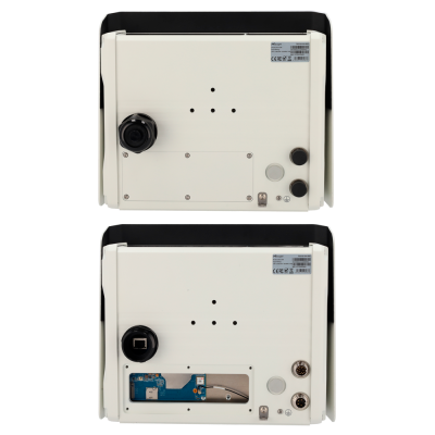 Dois equipamentos eletrónicos brancos da marca Milesight com tampas removíveis e conetores visíveis