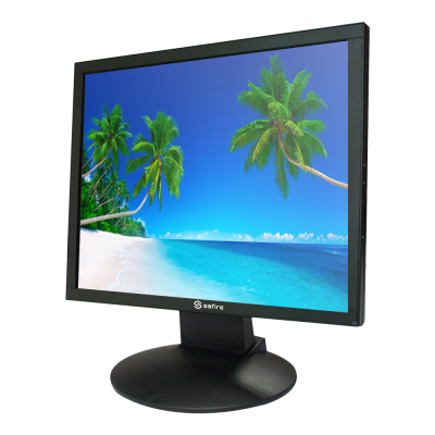 Monitor preto Safire com imagem de praia e palmeiras no ecrã