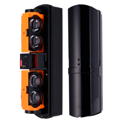 Sensor de barreira dupla preto e laranja com lentes de vidro