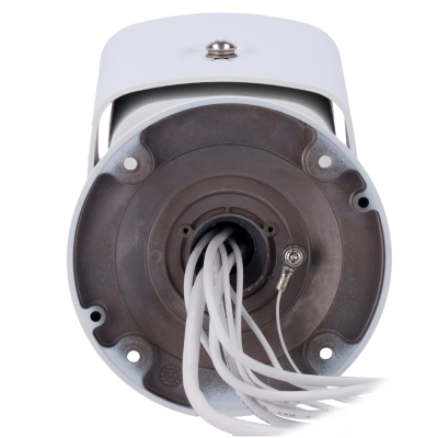 Base traseira de câmara de segurança branca com fios brancos a sair do centro.