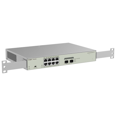 Comutador de rede cinza com 8 portas Ethernet e 2 portas SFP para rack