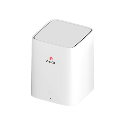 Dispositivo eletrônico branco cúbico com logotipo V-SOL