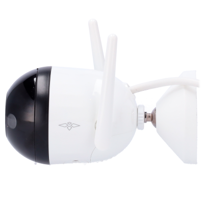 Câmara de segurança branca com lente preta e antenas duplas