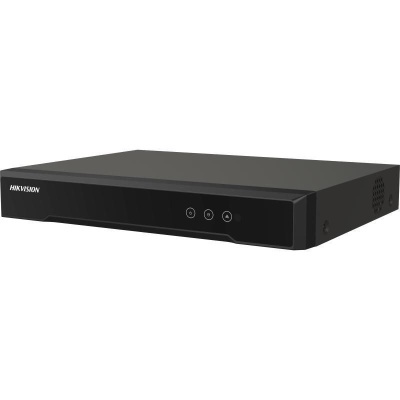 Gravador digital Hikvision preto com três ícones circulares frontais