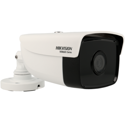 Câmara de segurança HIKVISION HiWatch Series branca e preta com lente e suporte.