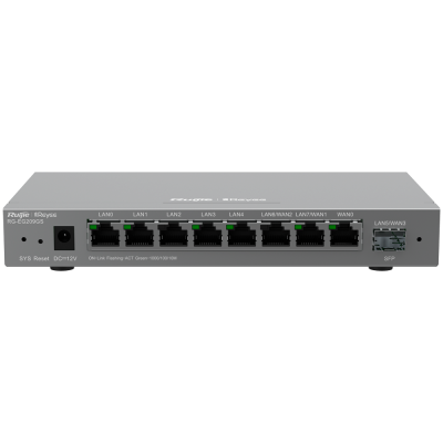 Roteador cinza metálico com portas Ethernet LAN e WAN, botão reset e etiquetas de entrada de energia