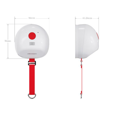 Dispositivo redondo branco com fita vermelha, visto frontal e lateral com medidas e texto HIKVISION.