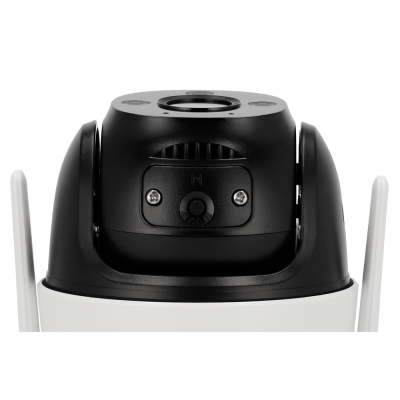 Câmara de segurança preta e branca com lente e botão frontal