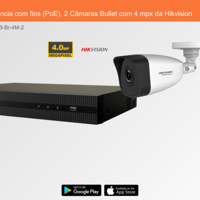Sistema de videovigilância com 2 câmaras bullet e unidade de armazenamento preta