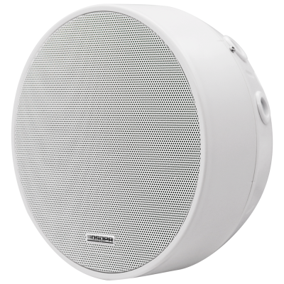 Coluna de som branca redonda com grelha metálica e etiqueta INSOPA