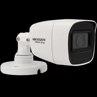 Câmara de segurança branca HIKVISION HiWatch Series com suporte redondo.