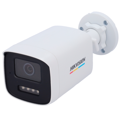 Câmara de vigilância branca HIKVISION com lente preta e base de montagem