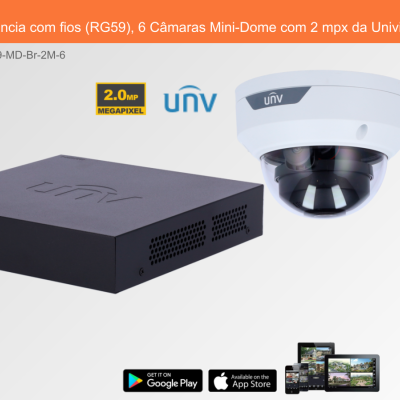 Sistema de videovigilância com fios Uniview com gravador preto e câmara Mini-Dome branca