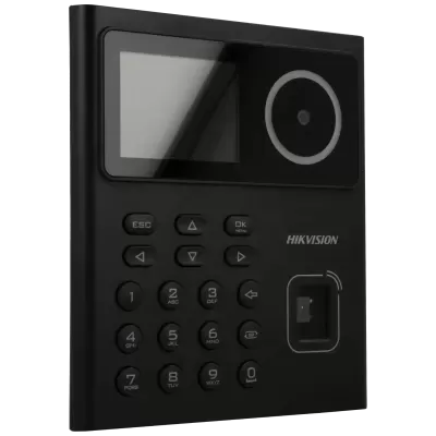 Dispositivo de controle de acesso preto com teclado numérico e ecrã.