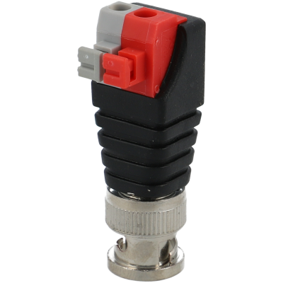 Conector BNC preto com terminais cinzentos e vermelho