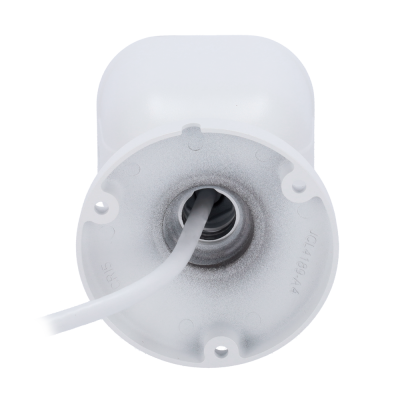 Suporte redondo branco para lâmpada com fio branco e inscrições no interior