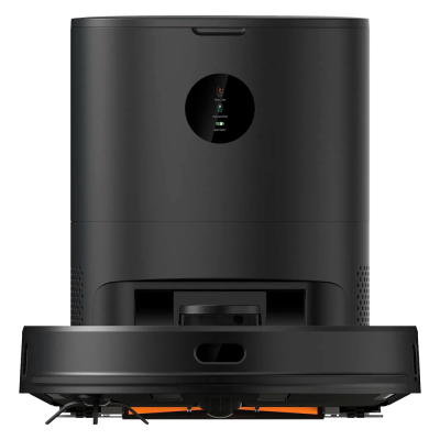 Robô aspirador de pó preto com mostrador redondo e ícones coloridos