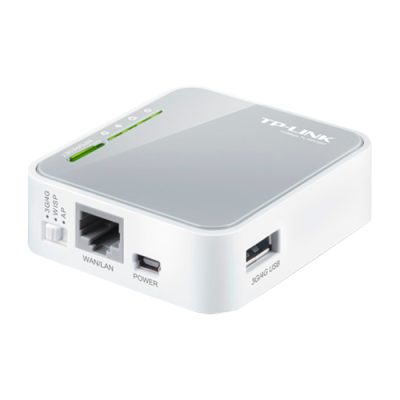 Dispositivo TP-LINK branco e cinza com portas WAN/LAN, power e USB e LED verdes