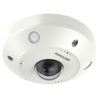 Câmara de segurança branca redonda com lente de vidro e texto HIKVISION