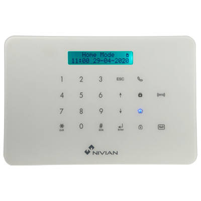 Painel de controlo branco com ecrã azul e teclado para sistema alarme NIVIAN