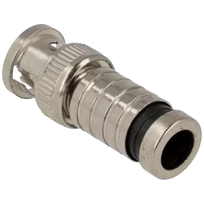 Conector BNC metálico prateado com anel de borracha preto