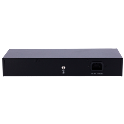 Dispositivo eletrónico retangular preto com conector de energia e etiqueta com tensão.