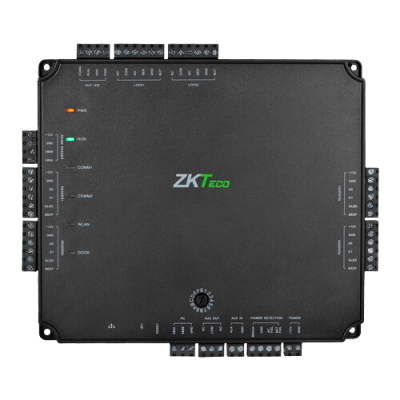 Dispositivo eletrônico preto ZKTeco con LEDs e portas de conexión