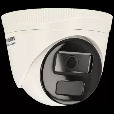 Câmara de segurança Hikvision branca com lente preta e formato de cúpula