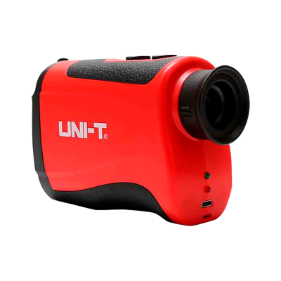 Dispositivo vermelho e preto com visor ocular e LEDs indicadores