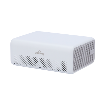 Dispositivo branco retangular Youkey com grelha perfurada e botão PRESS