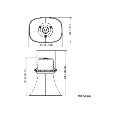 Desenho técnico a preto e branco de altifalante com dimensões em mm e polegadas.