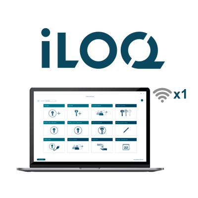 Logótipo iLOQ e computador portátil com software de gestão de chaves e símbolo Wi-Fi