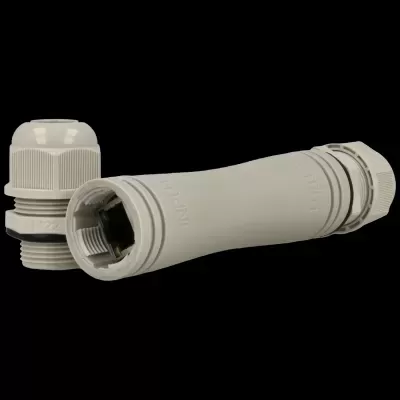 Conector de cabo Ethernet cinzento com tampas e marcações em relevo