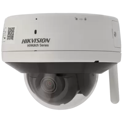 Câmara de vigilância Hikvision HiWatch Series branca com lente em cúpula preta.