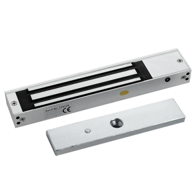 Dispositivo eletromagnético prateado com texto e barra metálica destacada