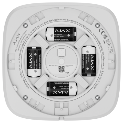 Dispositivo branco da AJAX com quatro baterias CR123A 3V e botão central