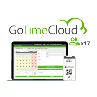 Logotipo GoTimeCloud, ecrã de portátil com calendário e smartphone com temporizador e código QR, ícone verde com x17.