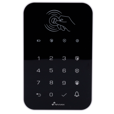 Dispositivo eletrônico preto com teclado numérico táctil e símbolos RFID e configurações