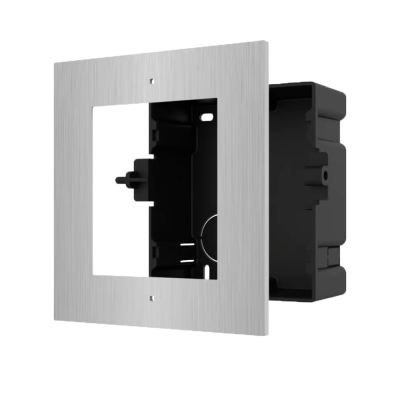 Caixa de embutir elétrica com frente metálica escovada e corpo plástico preto