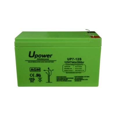 Bateria recarregável verde Upower AGM 12V 7Ah com etiquetas pretas