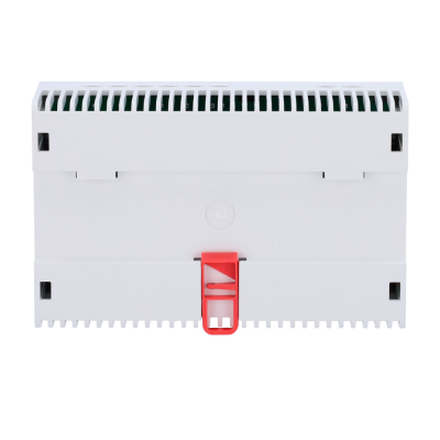 Dispositivo elétrico branco com alavanca vermelha central e ventilação