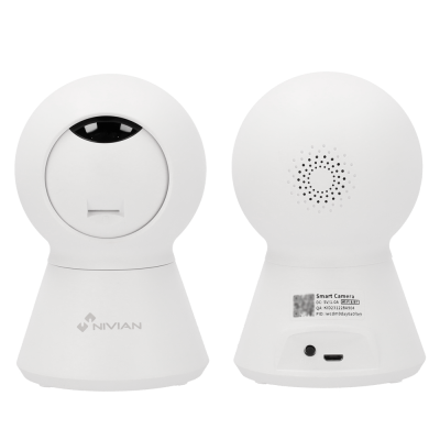 Câmara de segurança smart branca NIVIAN vista frontal e traseira